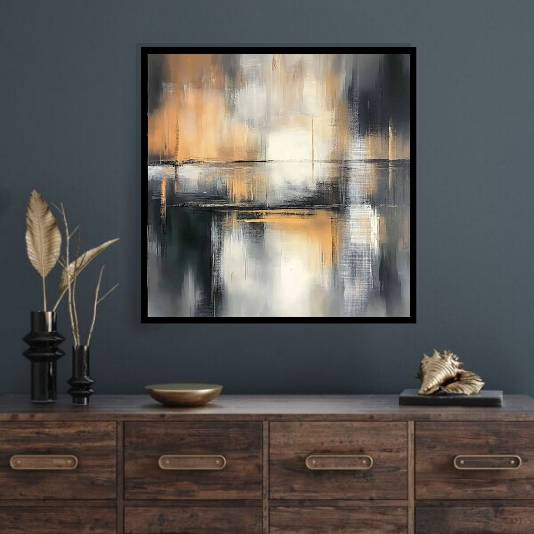 “Ecliptic Passage” by Sarah Lemaire – abstract painting with amber, charcoal, and ivory tones, inspired by celestial light and structured movement.