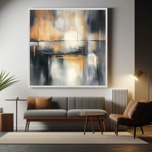 “Ecliptic Passage” by Sarah Lemaire – abstract painting with amber, charcoal, and ivory tones, inspired by celestial light and structured movement.