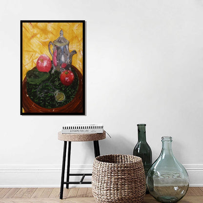 Emerald - Still life painting with a silver teapot, red apples, and green leaves on a yellow background. Still life painting with silver teapot, avocado, apple, pomegranate, and prayer beads by Mira Ayyash