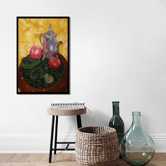 Emerald - Still life painting with a silver teapot, red apples, and green leaves on a yellow background. Still life painting with silver teapot, avocado, apple, pomegranate, and prayer beads by Mira Ayyash