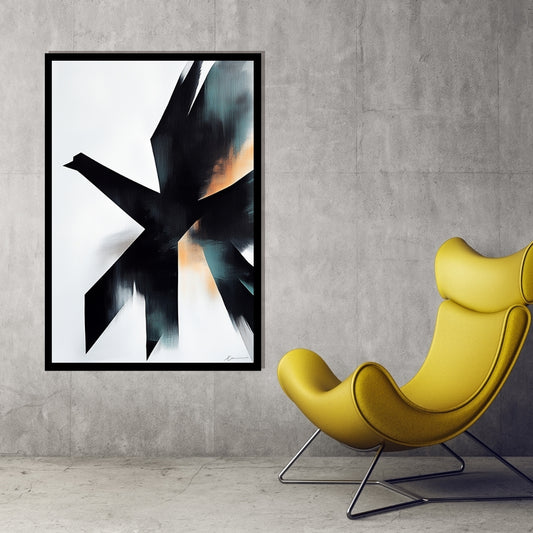 “Emerge of the Phoenix” by Xennoir – abstract minimalist artwork with sharp black angular form and warm teal-orange tones, symbolizing transformation and emergence.