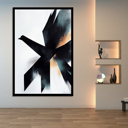 “Emerge of the Phoenix” by Xennoir – abstract minimalist artwork with sharp black angular form and warm teal-orange tones, symbolizing transformation and emergence.