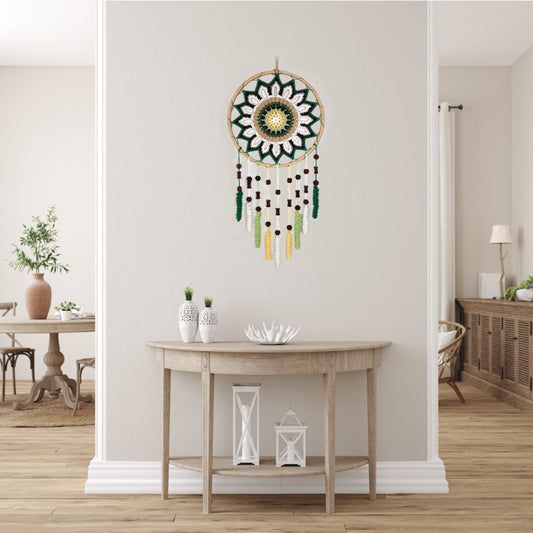 “Enchanting Greens Dreamcatcher” by ArtixHub – macramé dreamcatcher in moss, sage, and mint hues with wooden beads and curly tassels, evoking woodland tranquility. Ideal for bedrooms, reading corners, or boho-chic spaces, weaving nature’s calm into UAE interiors.
