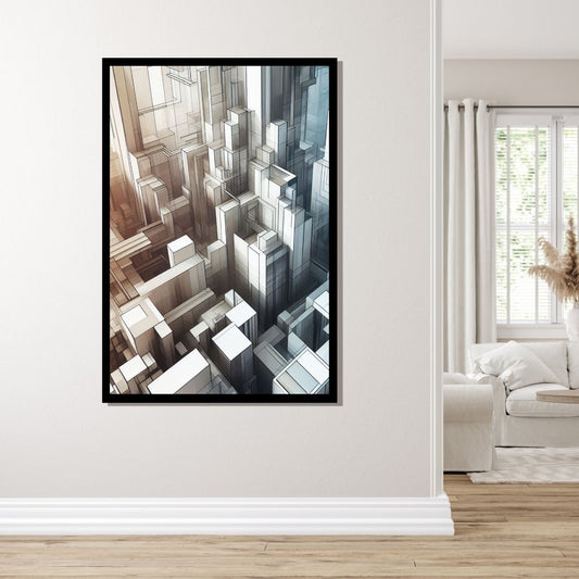 “Ethereal Structures” by ArtixHub – minimalist abstract canvas wall art in soft white, dusty blue, and muted taupe tones, featuring layered architectural forms, ideal for offices, entryways, or modern living rooms. A serene, structured composition that brings calm and elegance to UAE homes embracing clean, architectural design.