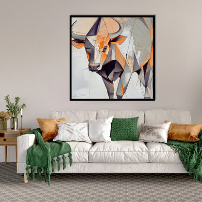 “Fear No Bull” by Xennoir – abstract expressionist bull artwork in orange, beige, and black, formed by sharp geometric lines and layered contrast, symbolizing strength and resistance.
