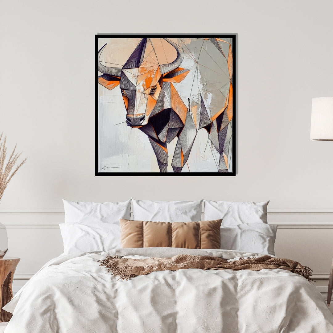 “Fear No Bull” by Xennoir – abstract expressionist bull artwork in orange, beige, and black, formed by sharp geometric lines and layered contrast, symbolizing strength and resistance.