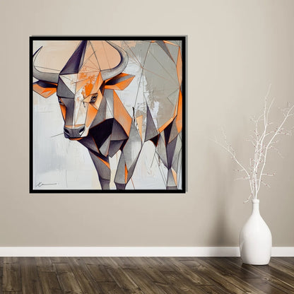 “Fear No Bull” by Xennoir – abstract expressionist bull artwork in orange, beige, and black, formed by sharp geometric lines and layered contrast, symbolizing strength and resistance.