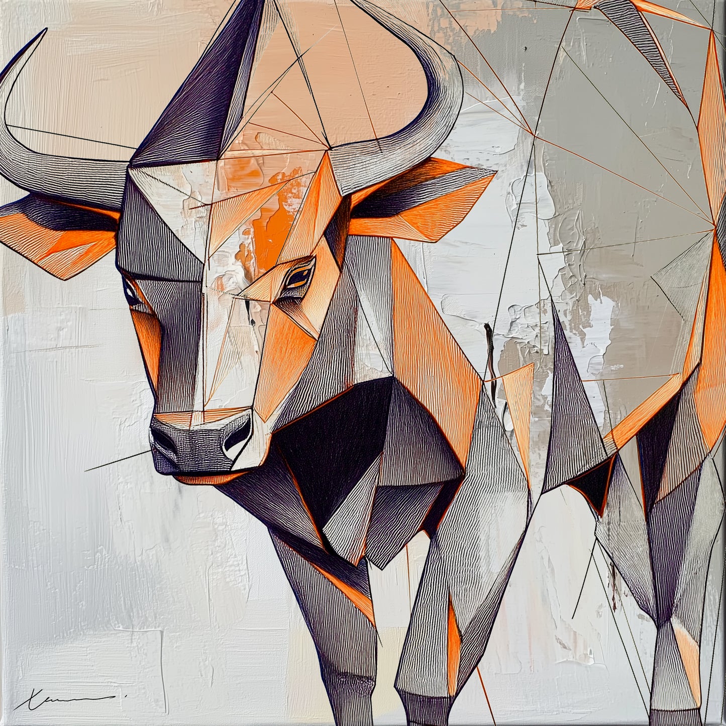 “Fear No Bull” by Xennoir – abstract expressionist bull artwork in orange, beige, and black, formed by sharp geometric lines and layered contrast, symbolizing strength and resistance.