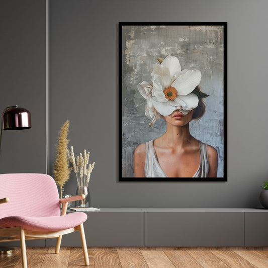 “Floral Disguise” by ArtixHub – figurative floral canvas wall art featuring a bold blossom obscuring the subject’s face in coral, magenta, and soft beige tones, ideal for dressing rooms, bedrooms, or lounge spaces. This modern piece blends fashion and mystery, perfect for UAE homes seeking expressive art with a floral twist.