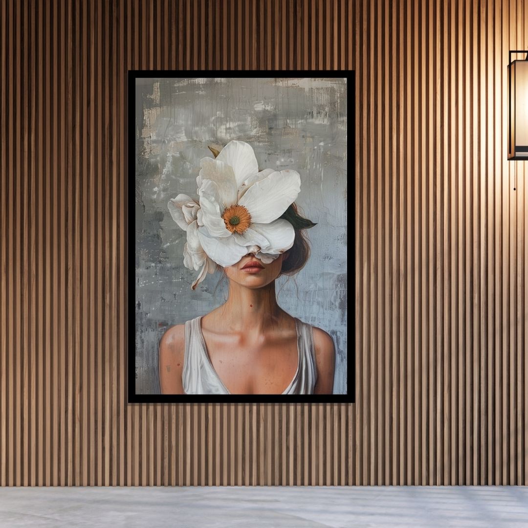 “Floral Disguise” by ArtixHub – figurative floral canvas wall art featuring a bold blossom obscuring the subject’s face in coral, magenta, and soft beige tones, ideal for dressing rooms, bedrooms, or lounge spaces. This modern piece blends fashion and mystery, perfect for UAE homes seeking expressive art with a floral twist.