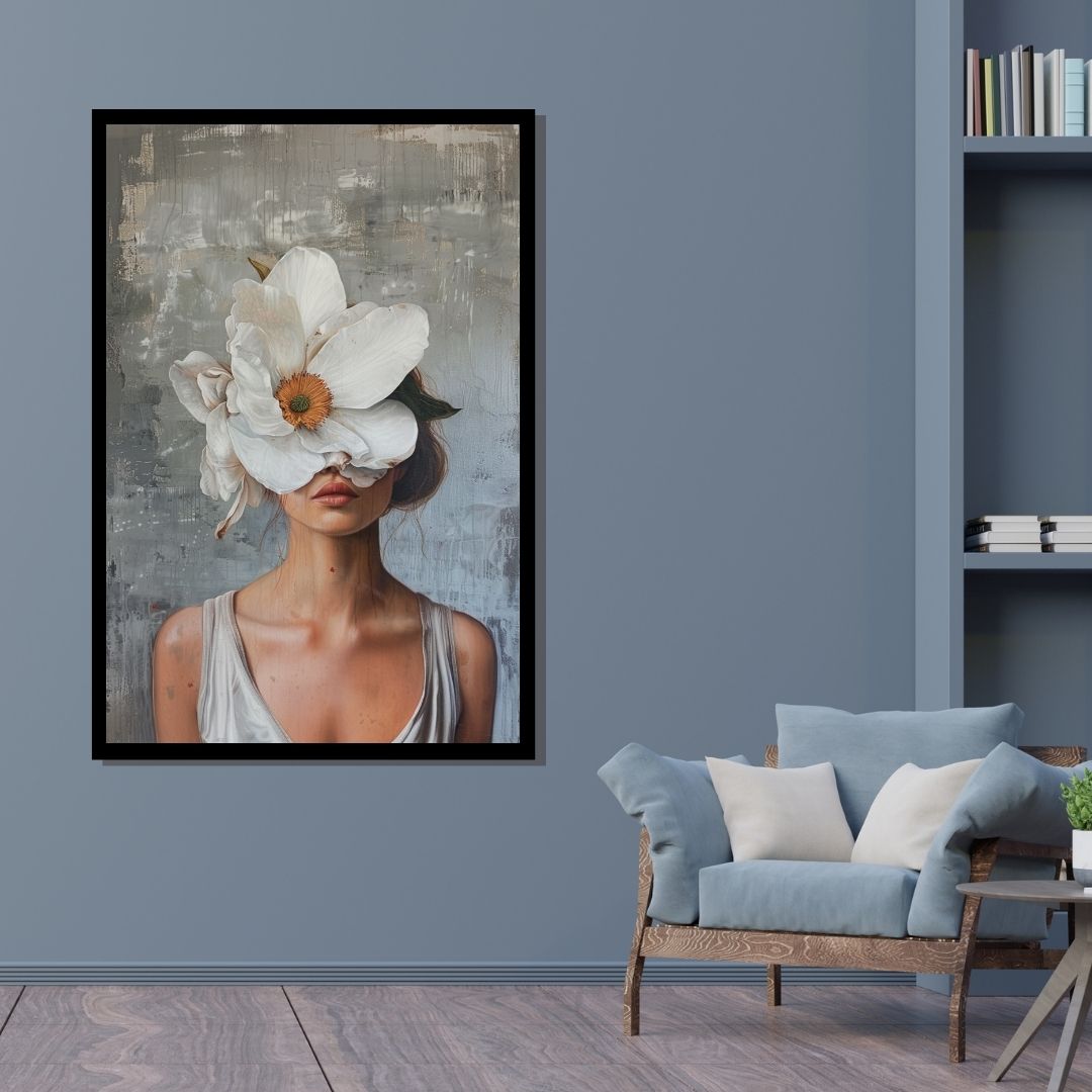 “Floral Disguise” by ArtixHub – figurative floral canvas wall art featuring a bold blossom obscuring the subject’s face in coral, magenta, and soft beige tones, ideal for dressing rooms, bedrooms, or lounge spaces. This modern piece blends fashion and mystery, perfect for UAE homes seeking expressive art with a floral twist.