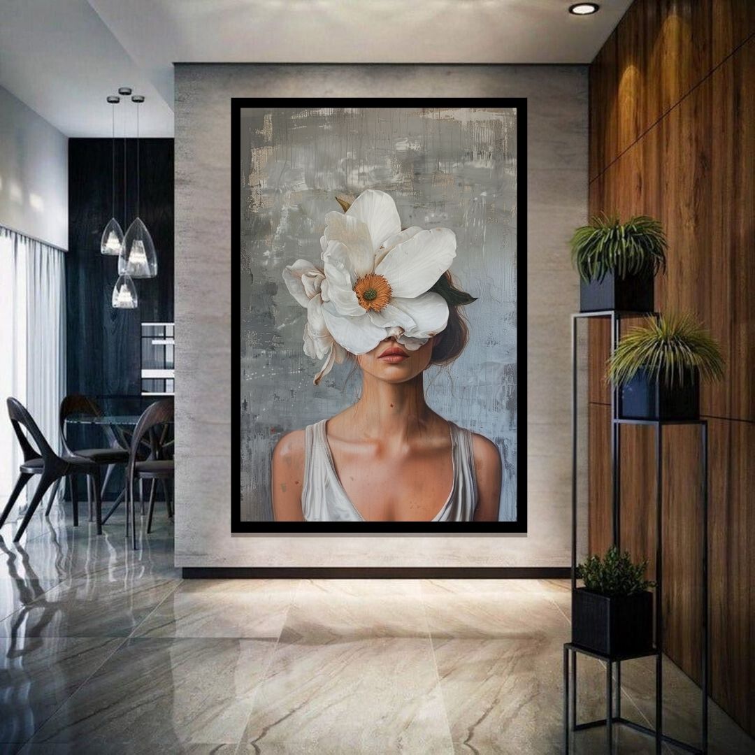 “Floral Disguise” by ArtixHub – figurative floral canvas wall art featuring a bold blossom obscuring the subject’s face in coral, magenta, and soft beige tones, ideal for dressing rooms, bedrooms, or lounge spaces. This modern piece blends fashion and mystery, perfect for UAE homes seeking expressive art with a floral twist.