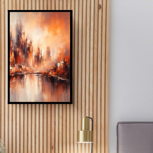 “Foggy City” by ArtixHub – abstract cityscape canvas wall art in deep red, burnt orange, and warm charcoal tones, ideal for offices, lounge areas, or modern bedrooms. With a hazy skyline and emotive palette, this piece adds depth and character to UAE homes seeking bold urban flair and sophisticated warmth.