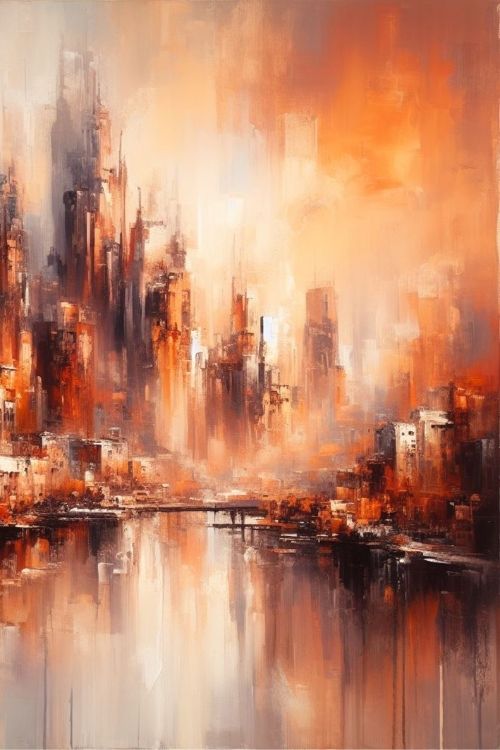 “Foggy City” by ArtixHub – abstract cityscape canvas wall art in deep red, burnt orange, and warm charcoal tones, ideal for offices, lounge areas, or modern bedrooms. With a hazy skyline and emotive palette, this piece adds depth and character to UAE homes seeking bold urban flair and sophisticated warmth.