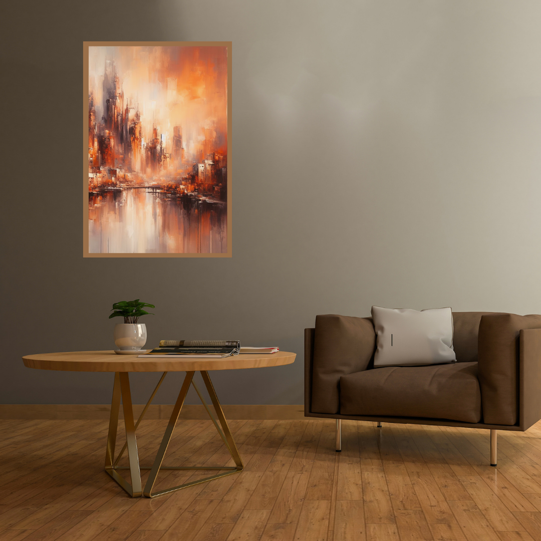 “Foggy City” by ArtixHub – abstract cityscape canvas wall art in deep red, burnt orange, and warm charcoal tones, ideal for offices, lounge areas, or modern bedrooms. With a hazy skyline and emotive palette, this piece adds depth and character to UAE homes seeking bold urban flair and sophisticated warmth.
