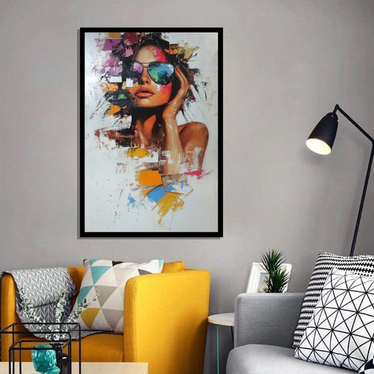 “Fractured Muse” by ArtixHub – figurative abstract canvas wall art featuring a stylized female portrait with fragmented glasses in bold reds, blues, and neutrals, ideal for dressing rooms, offices, or studios. This expressive piece combines fashion, identity, and visual energy, perfect for UAE homes seeking contemporary art with attitude and personality.