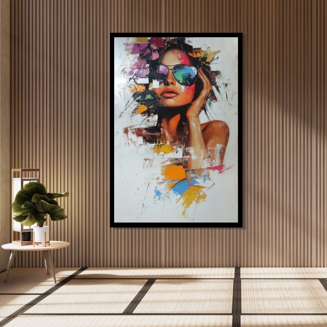 “Fractured Muse” by ArtixHub – figurative abstract canvas wall art featuring a stylized female portrait with fragmented glasses in bold reds, blues, and neutrals, ideal for dressing rooms, offices, or studios. This expressive piece combines fashion, identity, and visual energy, perfect for UAE homes seeking contemporary art with attitude and personality.