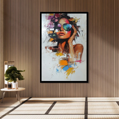“Fractured Muse” by ArtixHub – figurative abstract canvas wall art featuring a stylized female portrait with fragmented glasses in bold reds, blues, and neutrals, ideal for dressing rooms, offices, or studios. This expressive piece combines fashion, identity, and visual energy, perfect for UAE homes seeking contemporary art with attitude and personality.
