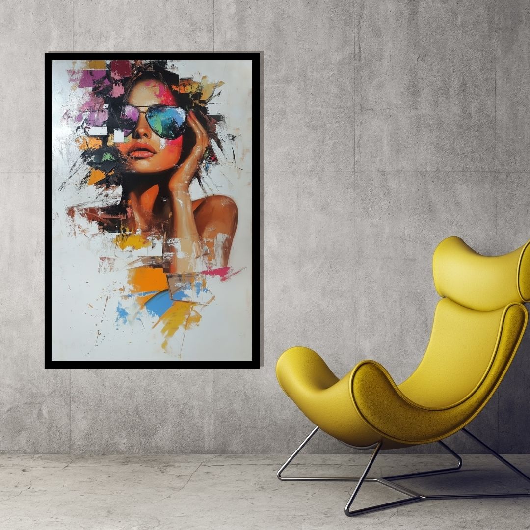 “Fractured Muse” by ArtixHub – figurative abstract canvas wall art featuring a stylized female portrait with fragmented glasses in bold reds, blues, and neutrals, ideal for dressing rooms, offices, or studios. This expressive piece combines fashion, identity, and visual energy, perfect for UAE homes seeking contemporary art with attitude and personality.