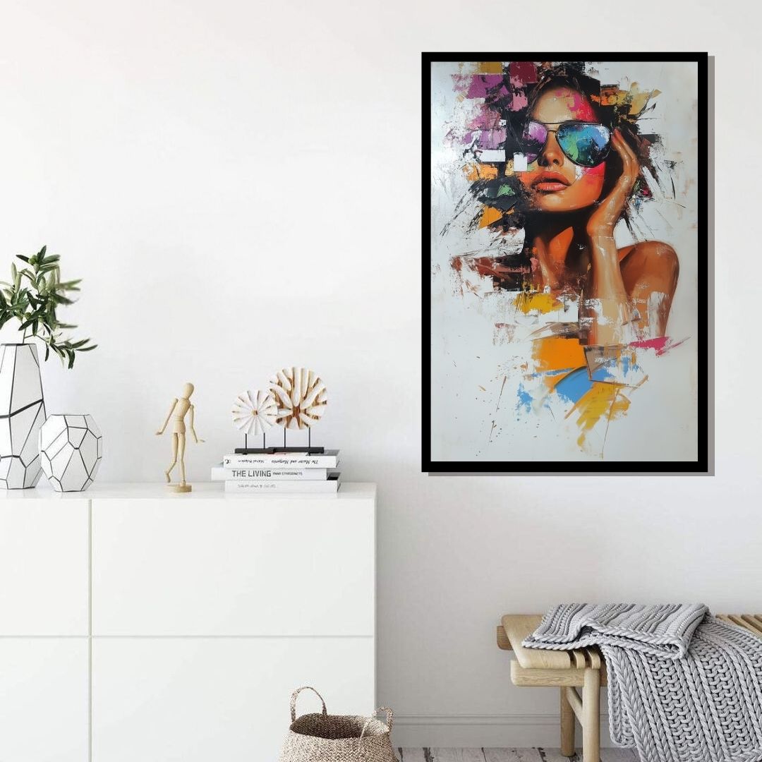 “Fractured Muse” by ArtixHub – figurative abstract canvas wall art featuring a stylized female portrait with fragmented glasses in bold reds, blues, and neutrals, ideal for dressing rooms, offices, or studios. This expressive piece combines fashion, identity, and visual energy, perfect for UAE homes seeking contemporary art with attitude and personality.