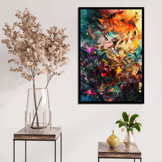 “Fragmented Reality” by ArtixHub – colorful abstract canvas wall art with layered geometric patterns in red, orange, teal, and charcoal, ideal for game rooms, studios, or creative office spaces. This high-energy piece adds rhythm and complexity to UAE homes looking for bold visual storytelling through modern design.