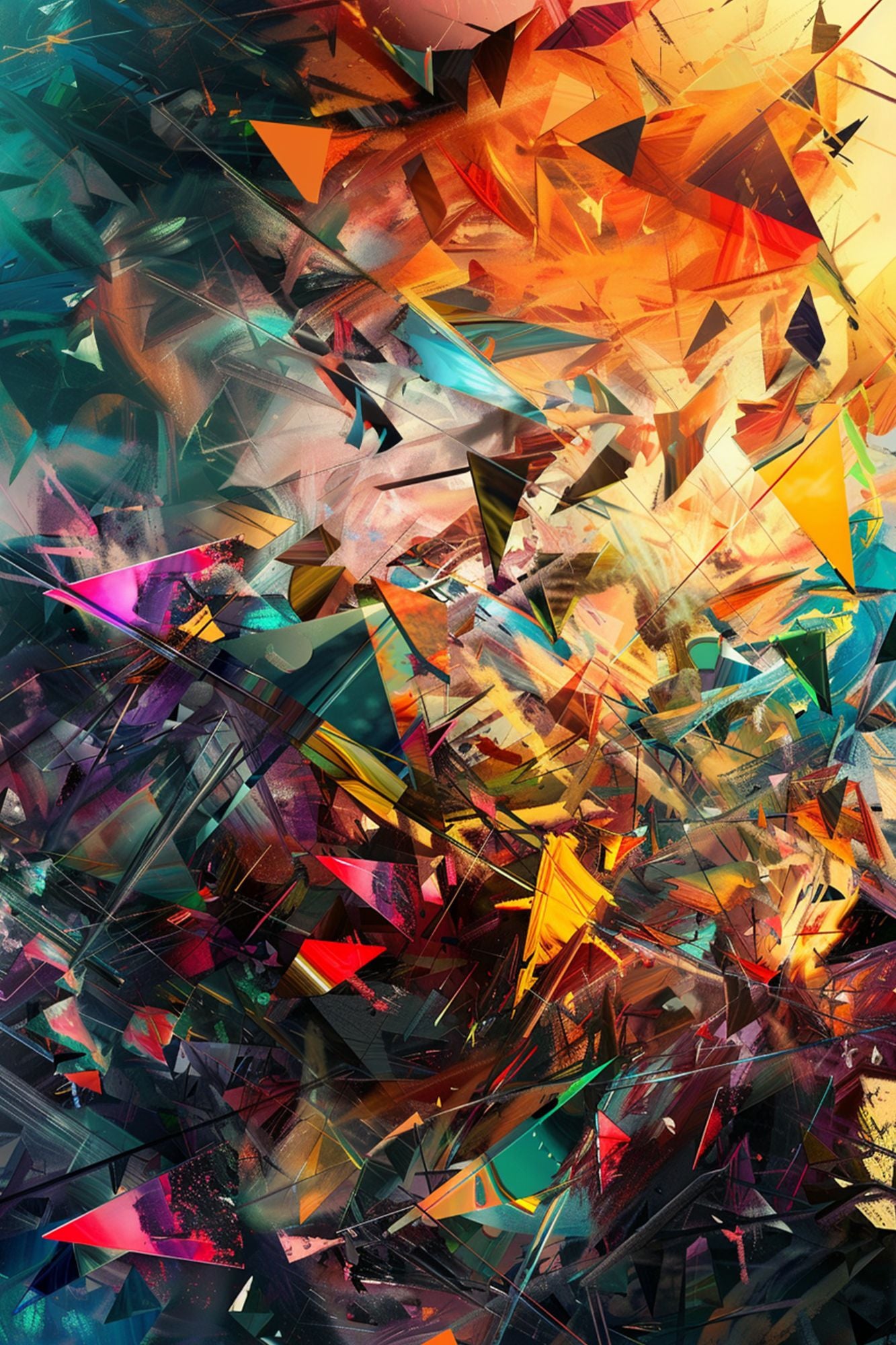 “Fragmented Reality” by ArtixHub – colorful abstract canvas wall art with layered geometric patterns in red, orange, teal, and charcoal, ideal for game rooms, studios, or creative office spaces. This high-energy piece adds rhythm and complexity to UAE homes looking for bold visual storytelling through modern design.