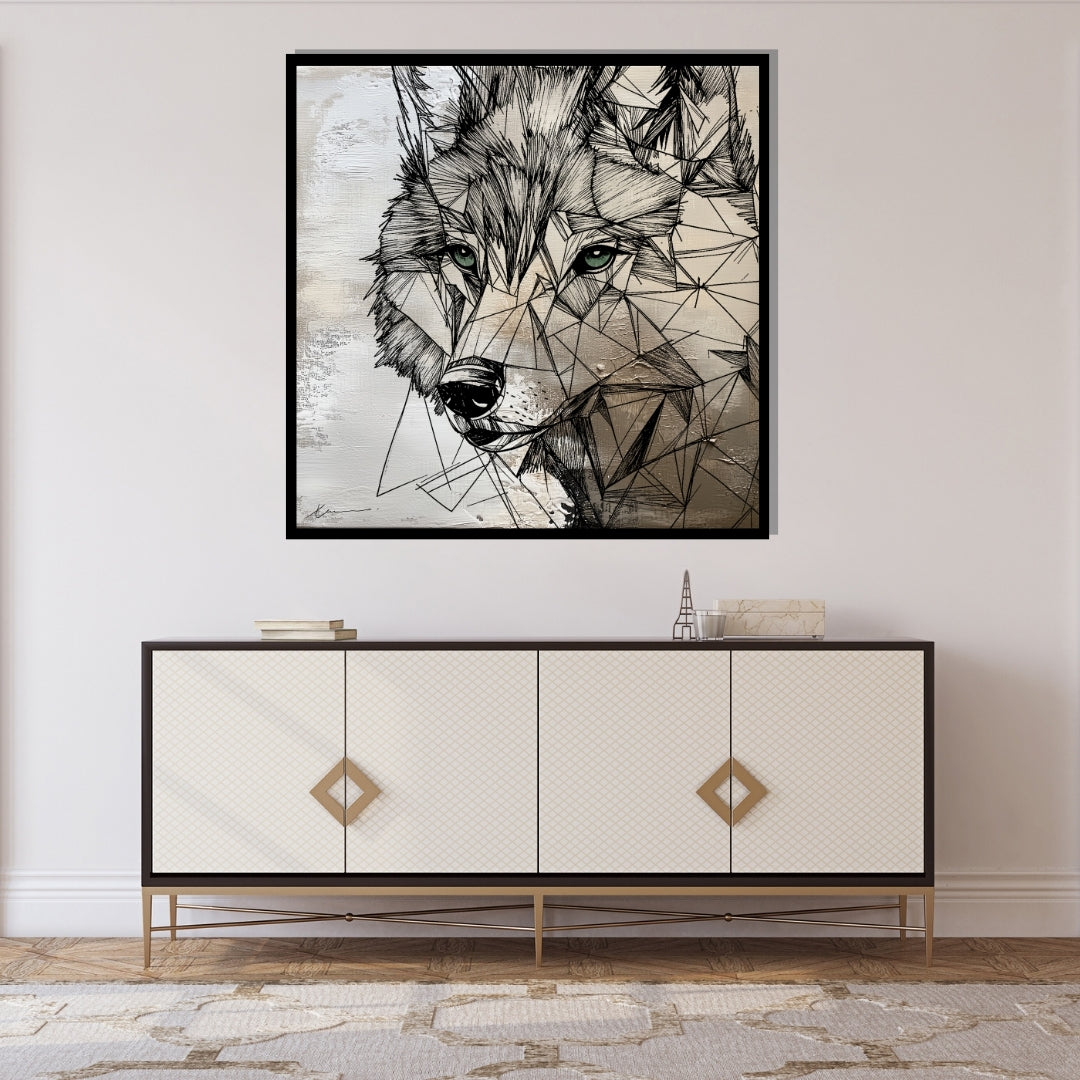 “Garnish a Wolf” by Xennoir – abstract geometric wolf portrait in beige and black, symbolizing intuition, strength, and calm awareness.