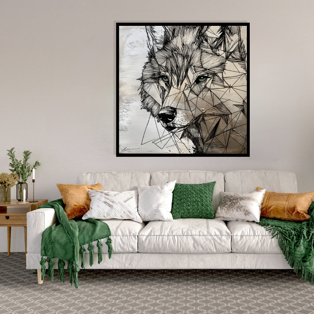 “Garnish a Wolf” by Xennoir – abstract geometric wolf portrait in beige and black, symbolizing intuition, strength, and calm awareness.