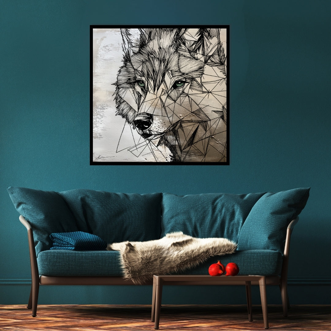 “Garnish a Wolf” by Xennoir – abstract geometric wolf portrait in beige and black, symbolizing intuition, strength, and calm awareness.
