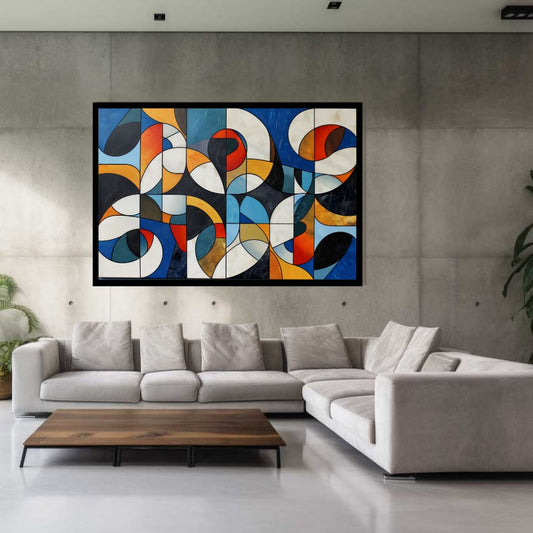 “Geometric Dance” by ArtixHub – bold abstract canvas wall art with dynamic geometric patterns in red, teal, black, and white tones, ideal for game rooms, modern offices, or studio spaces. This vibrant piece adds motion and structure to UAE homes that embrace contemporary design with playful energy.