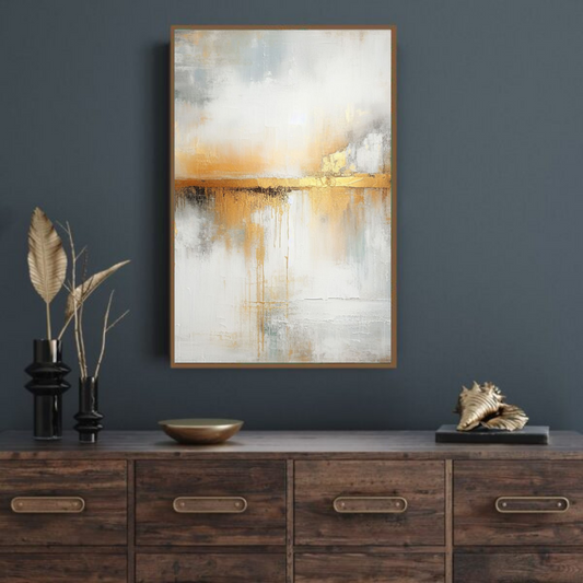 “Gilded Tranquility” by ArtixHub – minimalist abstract canvas wall art in soft beige, white, and accents of gold, ideal for bedrooms, wellness spaces, or living rooms. With delicate layering and gentle metallic highlights, this piece brings serene elegance to UAE homes seeking calming, sophisticated interiors.