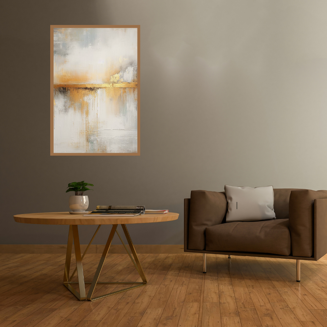 “Gilded Tranquility” by ArtixHub – minimalist abstract canvas wall art in soft beige, white, and accents of gold, ideal for bedrooms, wellness spaces, or living rooms. With delicate layering and gentle metallic highlights, this piece brings serene elegance to UAE homes seeking calming, sophisticated interiors.