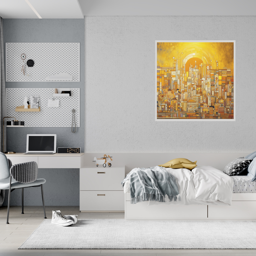 “Golden Heights” by ArtixHub – abstract canvas wall art showcasing golden mountain peaks layered in soft neutrals and muted gray-blue tones, ideal for entryways, bedrooms, or offices. This serene yet majestic piece adds elevation and harmony to UAE homes with modern or nature-inspired interiors.