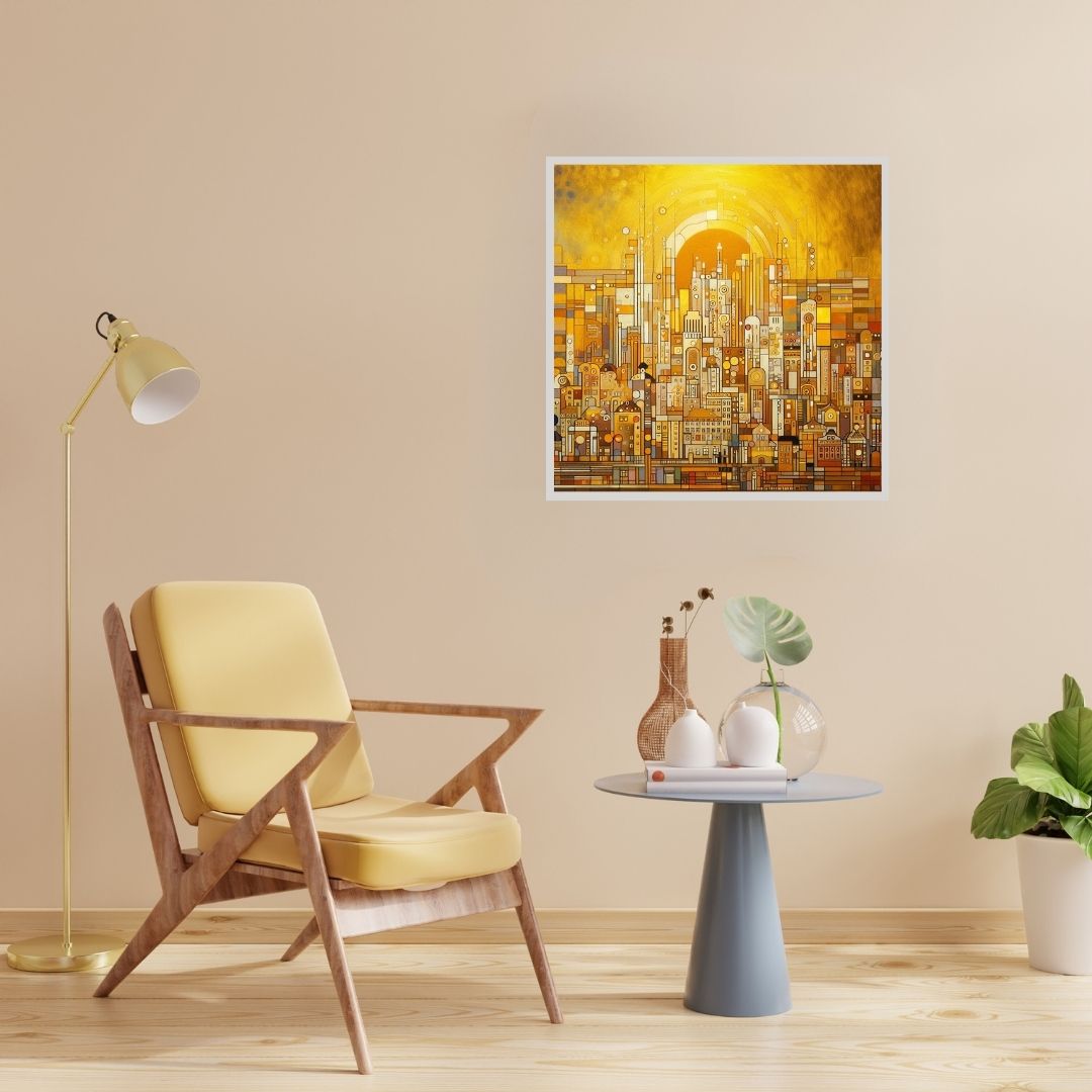 “Golden Heights” by ArtixHub – abstract canvas wall art showcasing golden mountain peaks layered in soft neutrals and muted gray-blue tones, ideal for entryways, bedrooms, or offices. This serene yet majestic piece adds elevation and harmony to UAE homes with modern or nature-inspired interiors.