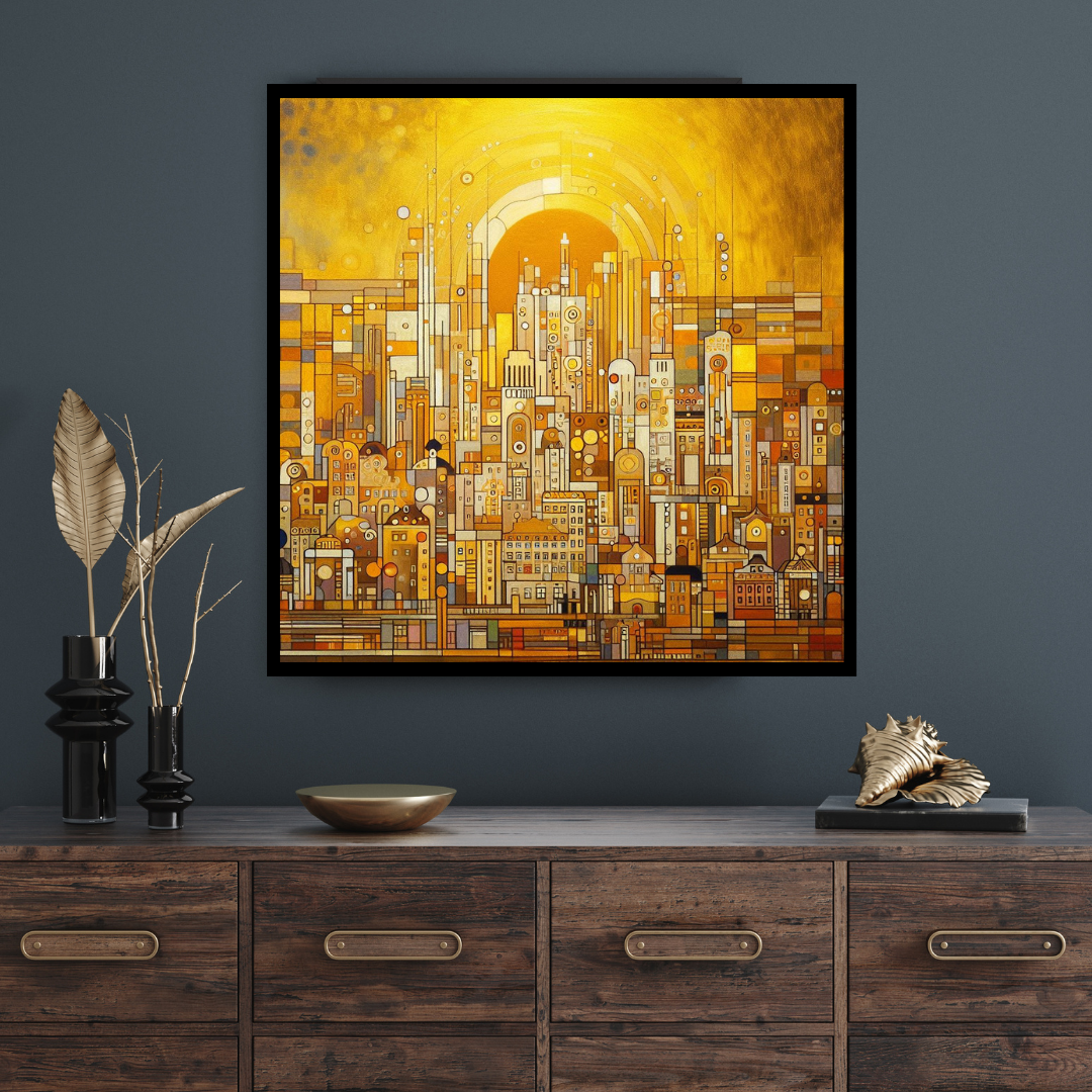 “Golden Heights” by ArtixHub – abstract canvas wall art showcasing golden mountain peaks layered in soft neutrals and muted gray-blue tones, ideal for entryways, bedrooms, or offices. This serene yet majestic piece adds elevation and harmony to UAE homes with modern or nature-inspired interiors.