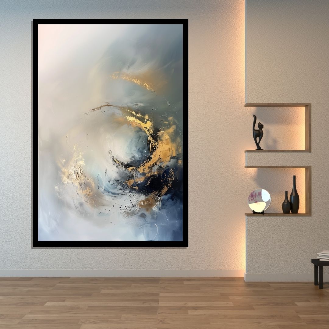 “Golden Reverie” by ArtixHub – abstract canvas wall art featuring flowing circular lines in gold, white, and muted gray tones, ideal for offices, hallways, or modern living rooms. A balanced and calming piece that blends motion with simplicity, perfect for UAE homes with refined, contemporary interiors.
