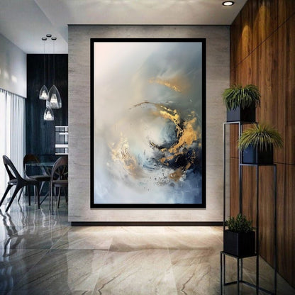 “Golden Reverie” by ArtixHub – abstract canvas wall art featuring flowing circular lines in gold, white, and muted gray tones, ideal for offices, hallways, or modern living rooms. A balanced and calming piece that blends motion with simplicity, perfect for UAE homes with refined, contemporary interiors.