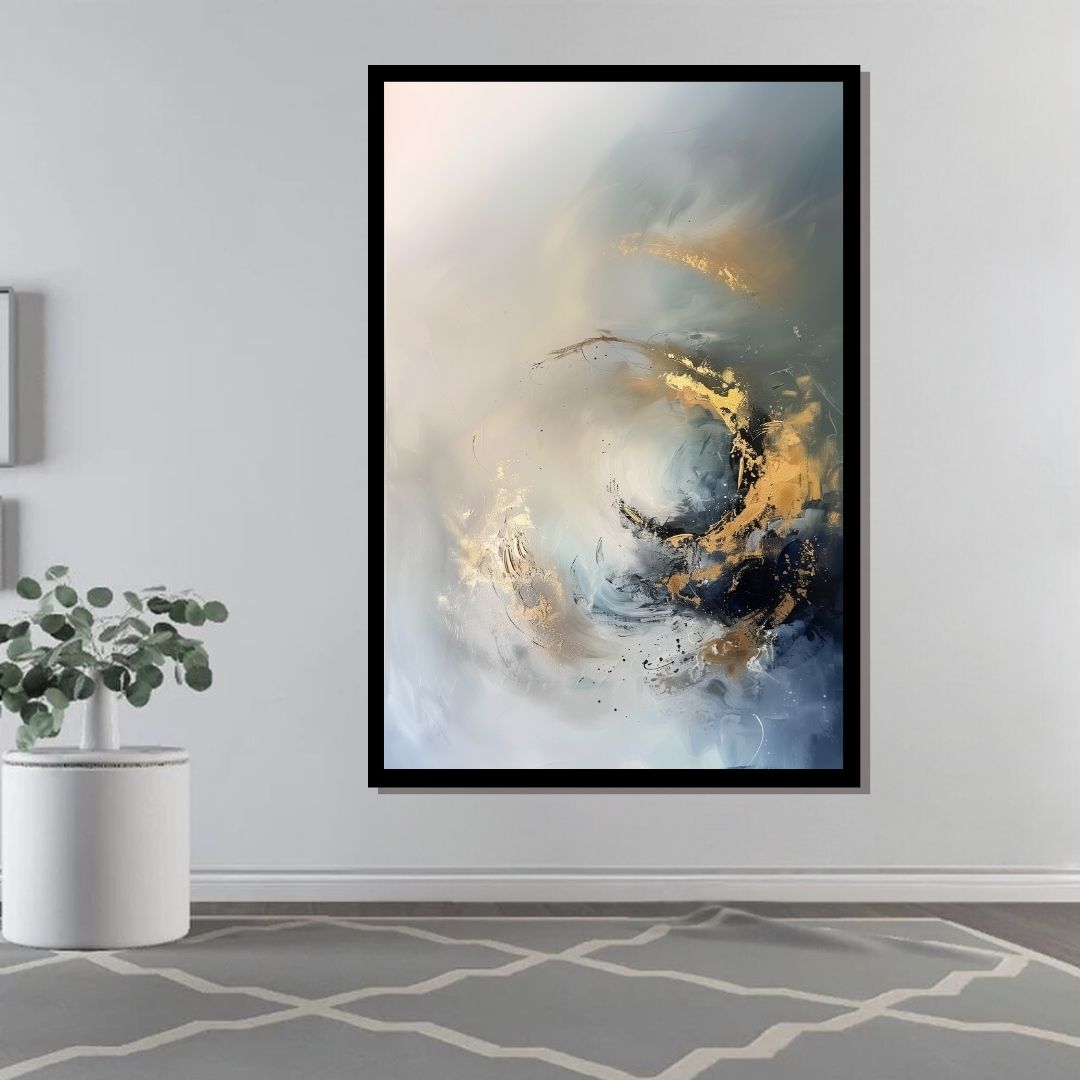 “Golden Reverie” by ArtixHub – abstract canvas wall art featuring flowing circular lines in gold, white, and muted gray tones, ideal for offices, hallways, or modern living rooms. A balanced and calming piece that blends motion with simplicity, perfect for UAE homes with refined, contemporary interiors.