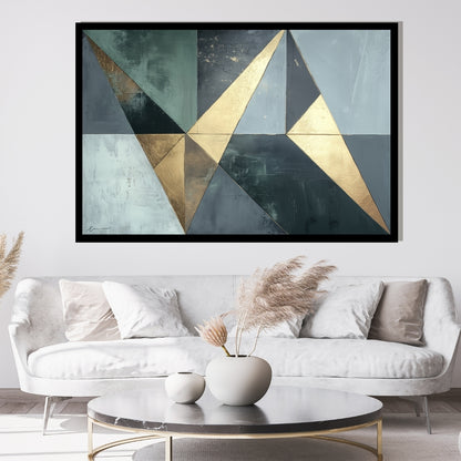 “Golden Victory” by Xennoir – abstract geometric painting in metallic gold and muted blue tones, symbolizing quiet strength, achievement, and transition.