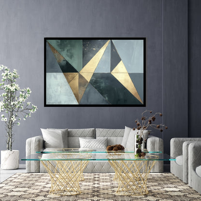 “Golden Victory” by Xennoir – abstract geometric painting in metallic gold and muted blue tones, symbolizing quiet strength, achievement, and transition.