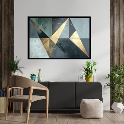 “Golden Victory” by Xennoir – abstract geometric painting in metallic gold and muted blue tones, symbolizing quiet strength, achievement, and transition.