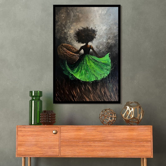 “Green Rhapsody” by ArtixHub – figurative canvas wall art featuring a woman in a flowing green dress standing in a vast field, with soft light and natural tones, ideal for bedrooms, dressing rooms, or wellness spaces. This poetic and peaceful painting evokes grace and freedom, perfect for UAE homes that embrace harmony with nature.