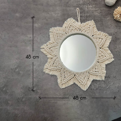 “Halo Mirror” by ArtixHub – handcrafted macramé sunburst mirror with cotton fringe radiating around a central glass, reflecting light and texture. Ideal for entryways, bathrooms, or living rooms, adding boho-chic illumination to UAE homes.