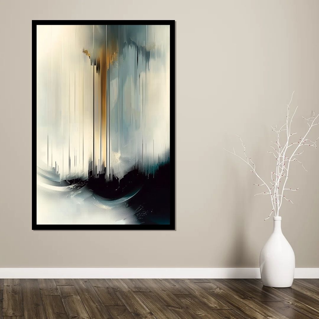 “Highrise Haze” by ArtixHub – abstract canvas wall art featuring a modern skyline in soft black, gold, and pale neutrals, ideal for offices, entryways, or lounge areas. This misty cityscape balances structure and serenity, perfect for UAE homes that blend urban elegance with artistic minimalism.