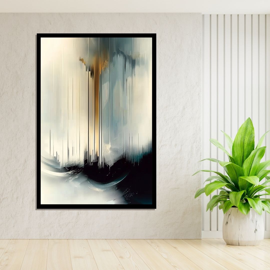 “Highrise Haze” by ArtixHub – abstract canvas wall art featuring a modern skyline in soft black, gold, and pale neutrals, ideal for offices, entryways, or lounge areas. This misty cityscape balances structure and serenity, perfect for UAE homes that blend urban elegance with artistic minimalism.
