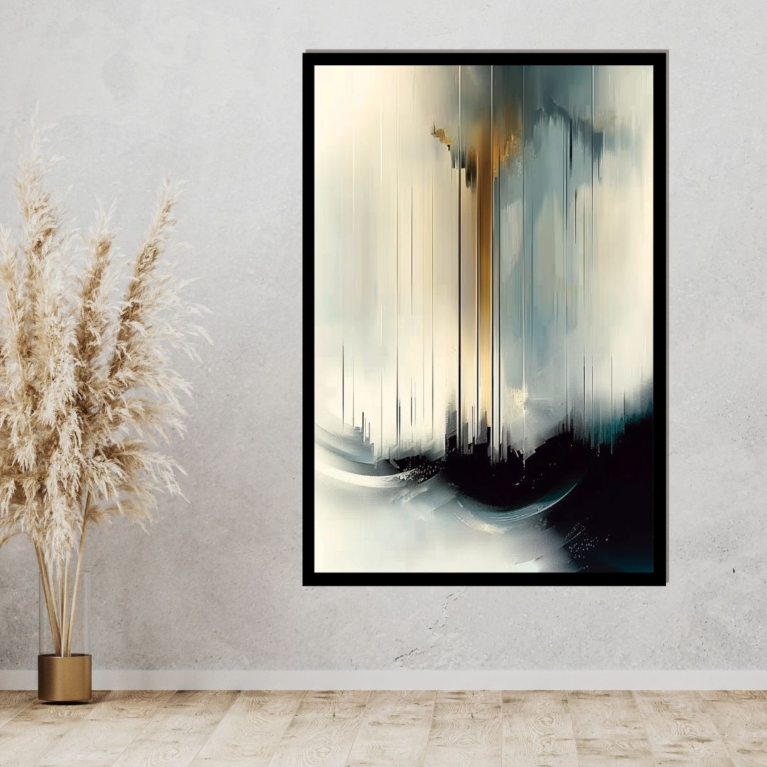 “Highrise Haze” by ArtixHub – abstract canvas wall art featuring a modern skyline in soft black, gold, and pale neutrals, ideal for offices, entryways, or lounge areas. This misty cityscape balances structure and serenity, perfect for UAE homes that blend urban elegance with artistic minimalism.