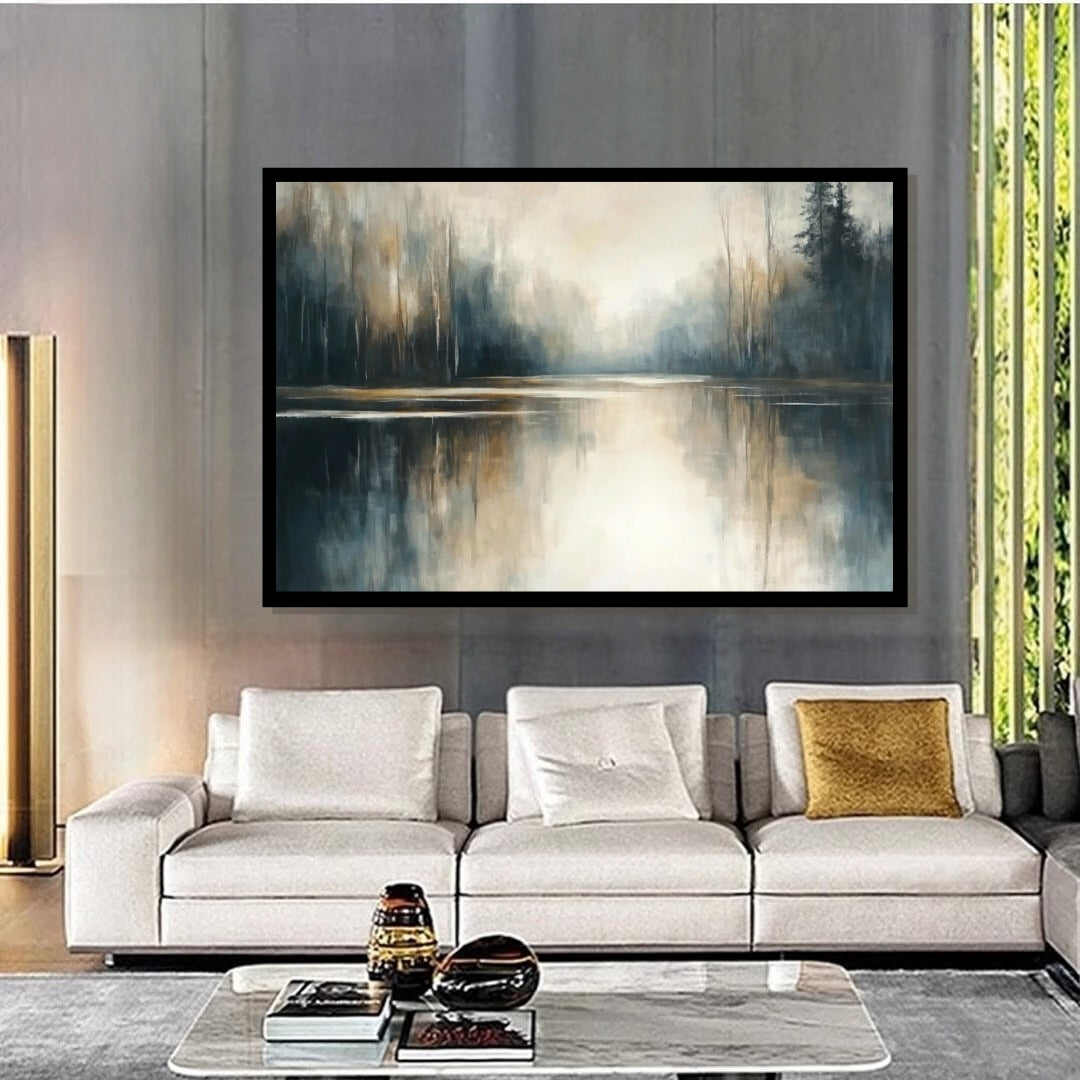 “Horizon Sync” by Sarah Lemaire – abstract riverbank painting with tree reflections and misty golden tones blending horizon and water in a tranquil landscape.