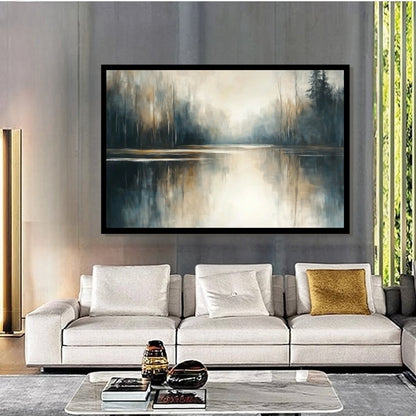 “Horizon Sync” by Sarah Lemaire – abstract riverbank painting with tree reflections and misty golden tones blending horizon and water in a tranquil landscape.