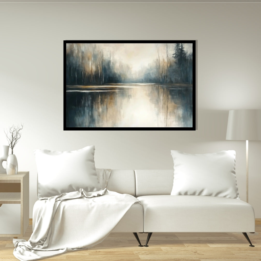 “Horizon Sync” by Sarah Lemaire – abstract riverbank painting with tree reflections and misty golden tones blending horizon and water in a tranquil landscape.