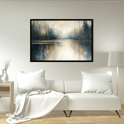 “Horizon Sync” by Sarah Lemaire – abstract riverbank painting with tree reflections and misty golden tones blending horizon and water in a tranquil landscape.